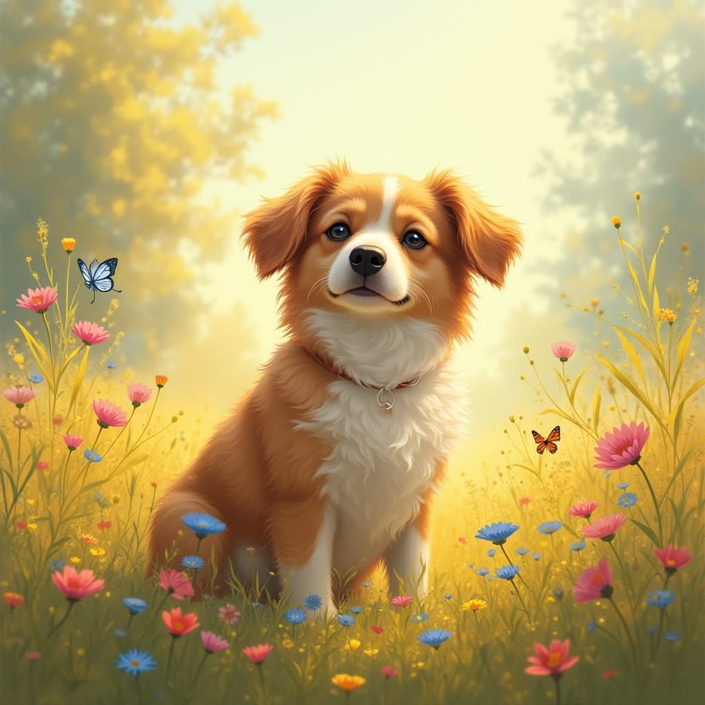 Whimsical Dog in Sunlit Meadow