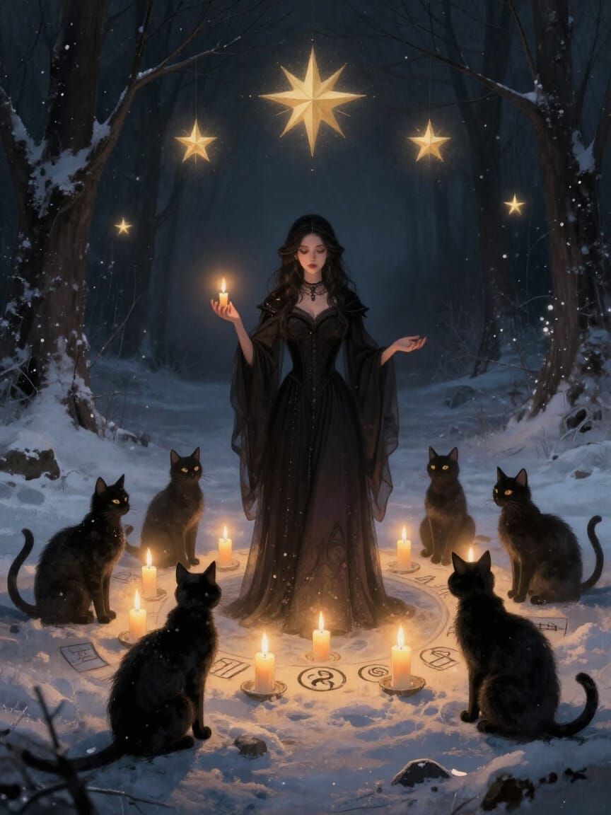 Mystical Christmas Ritual with Woman and Candles