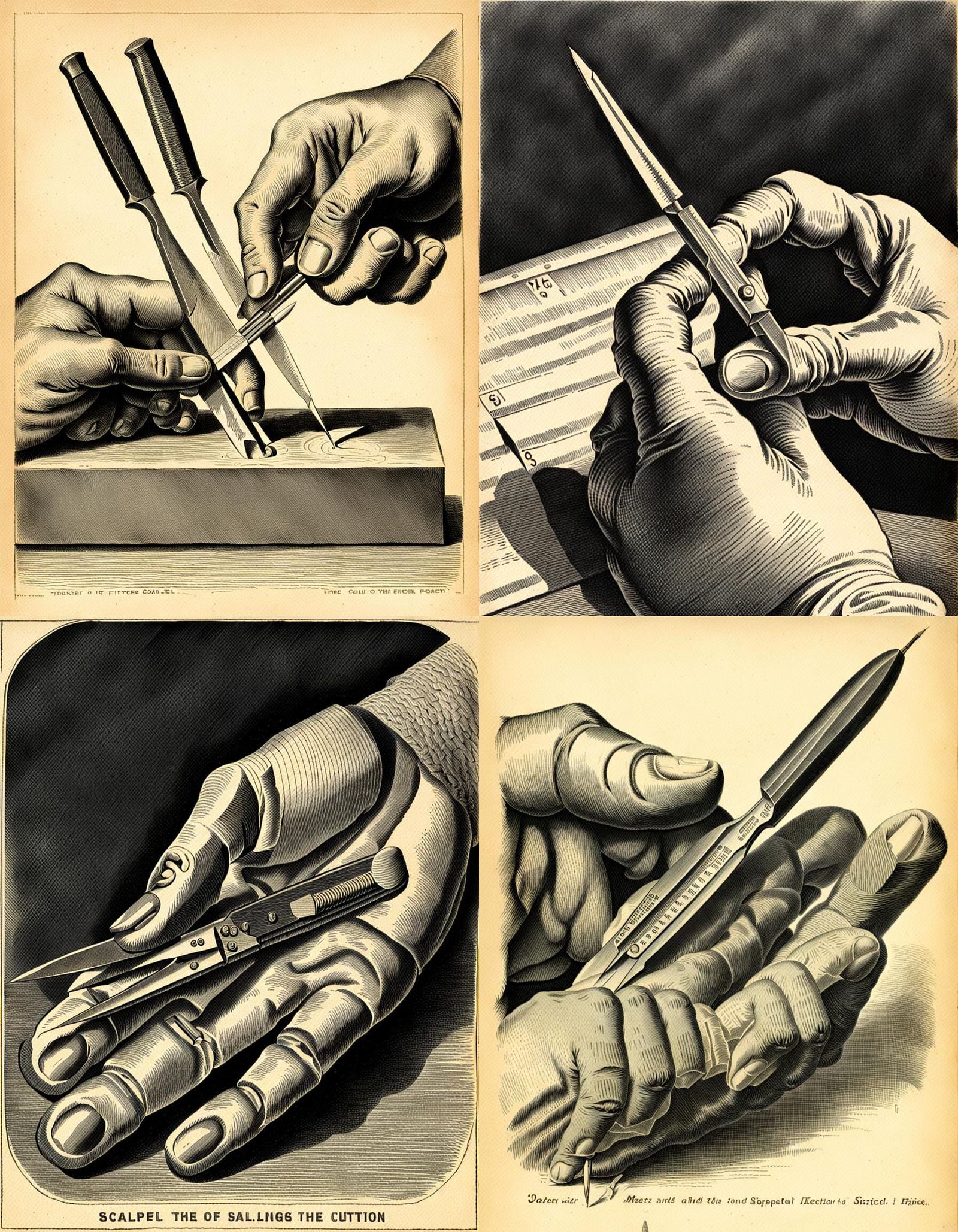 Vintage Medical Illustration of Finger Scalpel Incision