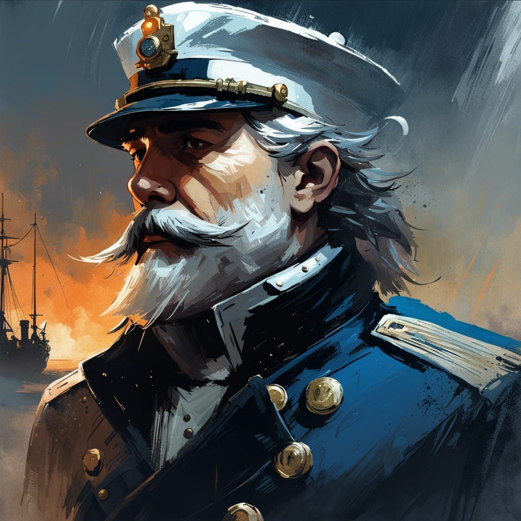 Gloomy Ship Captain Portrait in Ink Wash