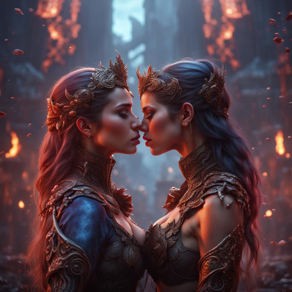 Two Women Kissing: Detailed Fantasy Concept Art