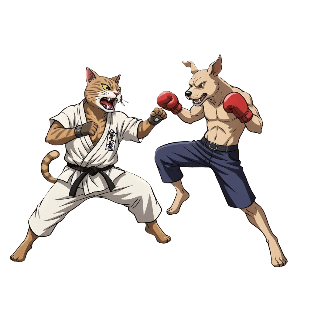 Fierce Cat Spars with Dog in Dojo