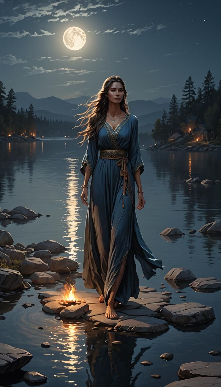 Mystic Night: Woman Walks on Water in Dreamscape