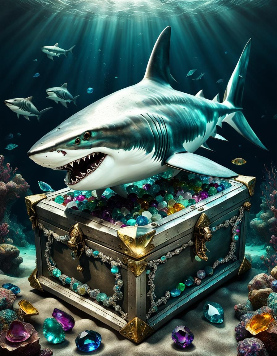Gemstone Shark Guarding Treasure, Fantasycore Art