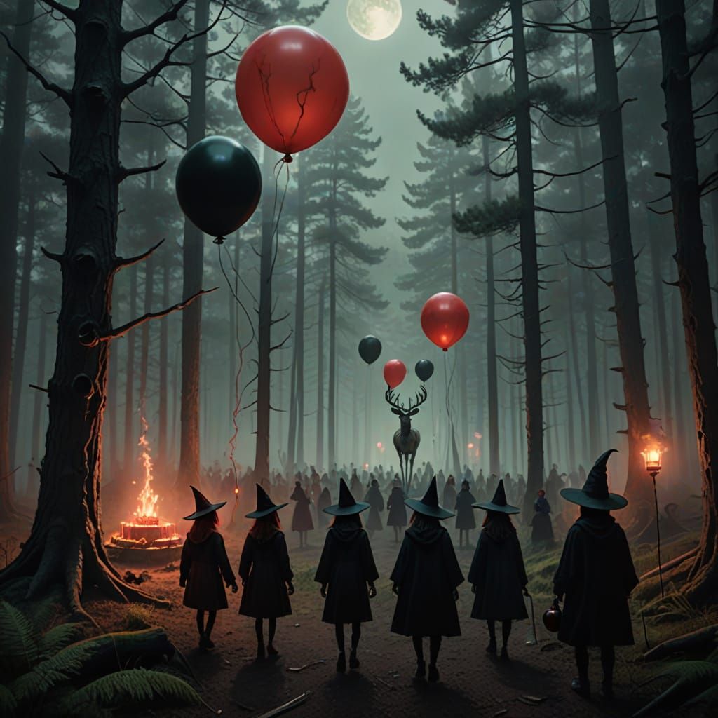 Eerie Birthday Party in Foggy Forest with Red Moon