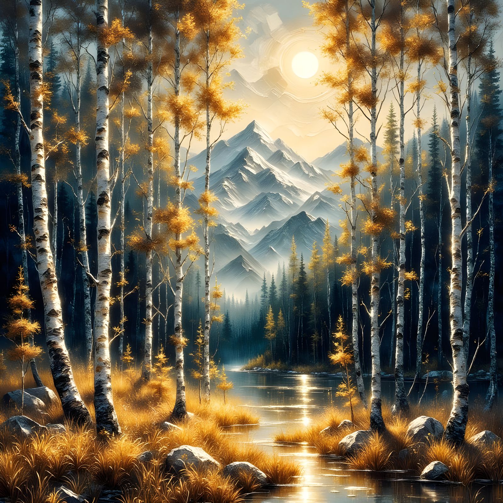 Late Summer Forest with Mountains in Earthy Tones