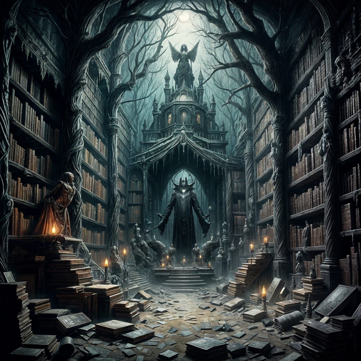 Floating Books in Ancient Overgrown Dark Fantasy Library