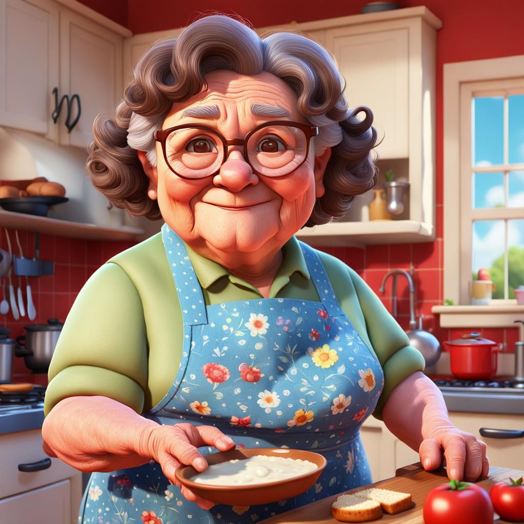 Smiling Old Lady in Kitchen: Pixar Style 3D Art