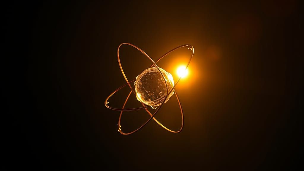 Cinematic Quantum Atom Illuminated in Golden Hour Hues
