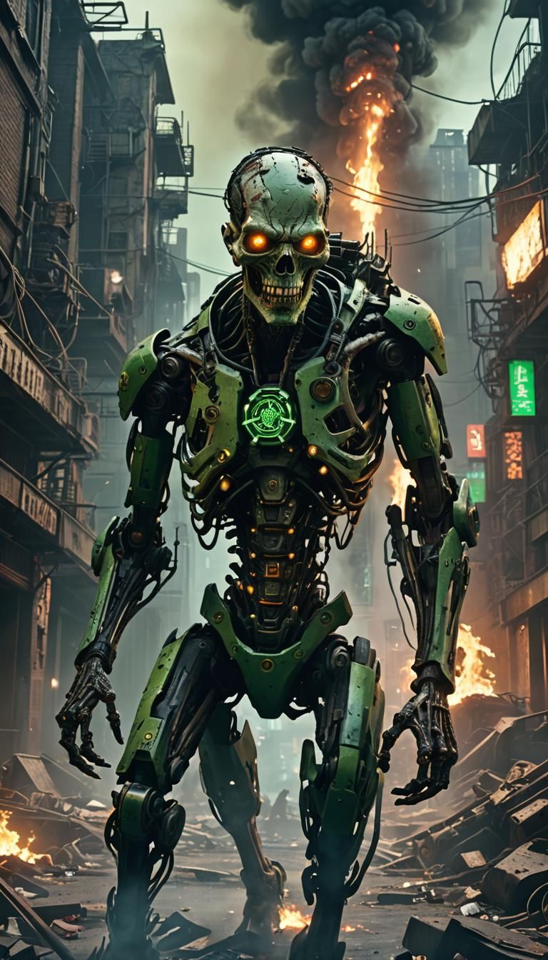 Cyberpunk Zombie Crawls Through Ruined City
