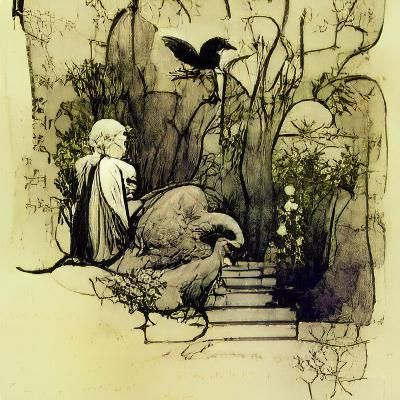 Bird in Garden Illustration in Vintage Style