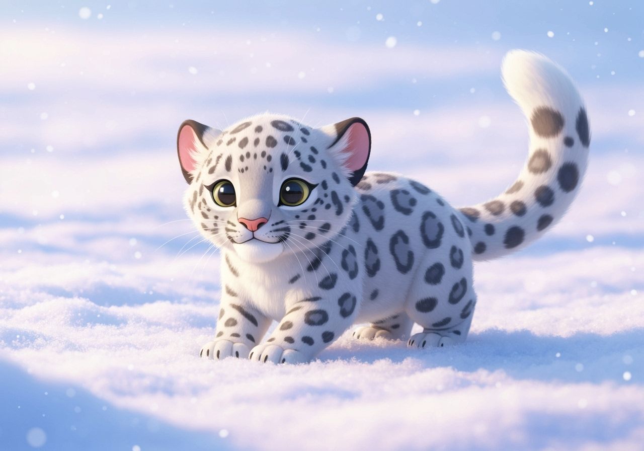Adorable Snow Leopard Cub in Dreamy Pixar Style