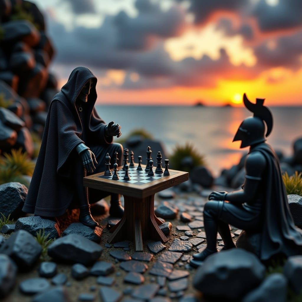 Grim Reaper Diorama with Chess Game at Dusk