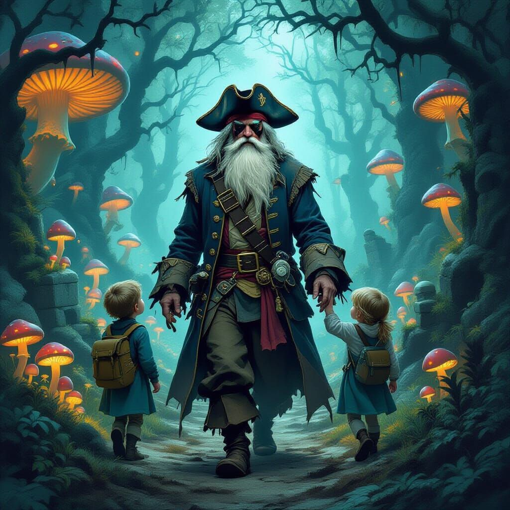 Mystical Forest: Pirate Leads Treasure Hunt in Dark Fantasy