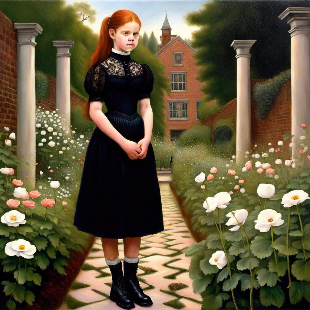 Girl at Garden Maze Entrance in Photorealistic Style