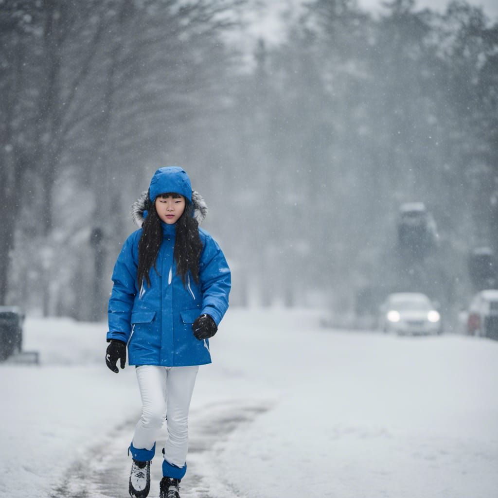 Teenage Girl in Blue Ski Jacket Walking in Winter Storm