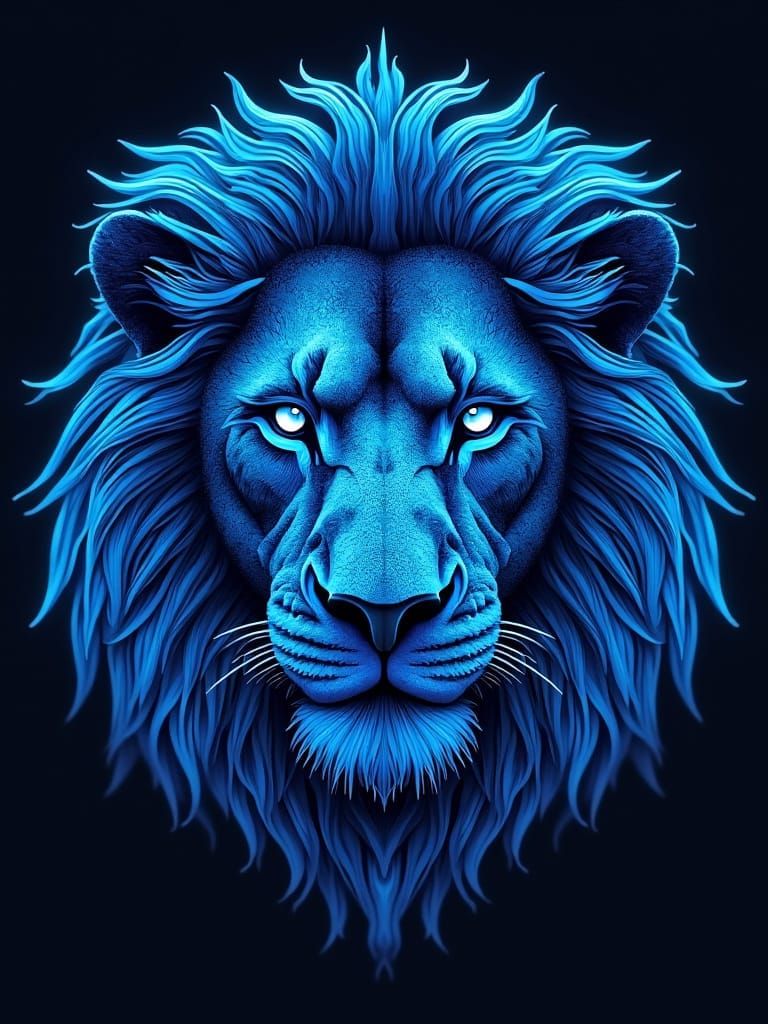 Neon Blue Lion Head in Minimalist Fractal Art