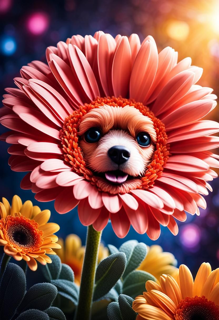 Gerbera Daisy Dog Face: Surreal 3D Pointillism