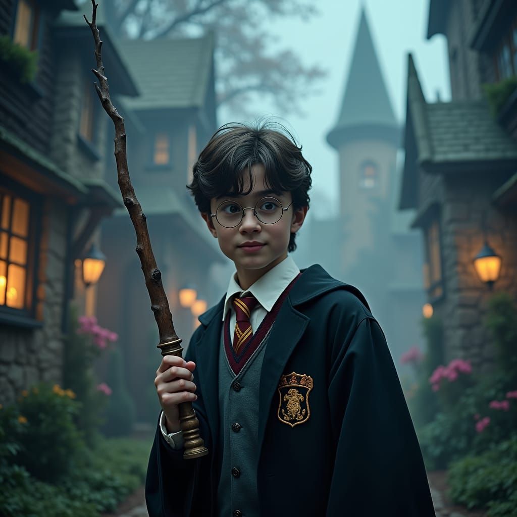 Harry Potter with Oversized Wand in Whimsical Scene