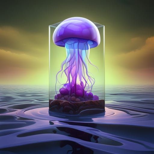 Shining Jellyfish in Glass Cube: Fantasy Concept Art