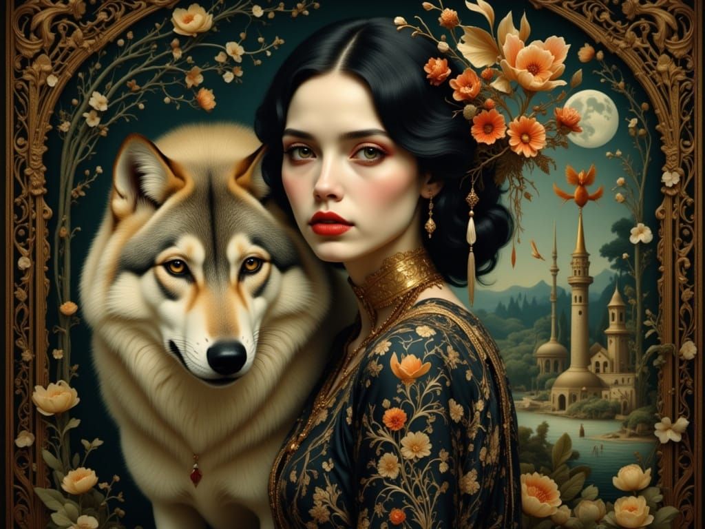 Woman with Wolf Spirit Animal in Digital Painting Style