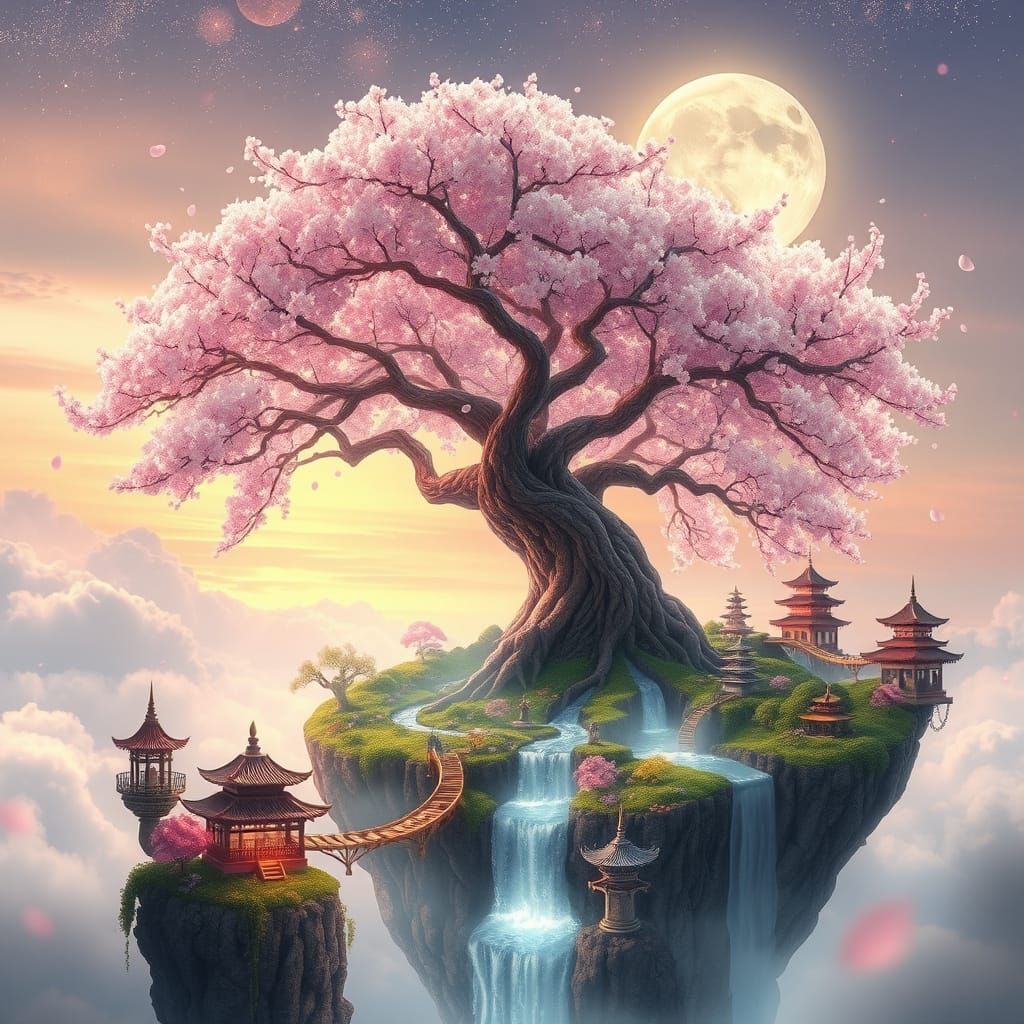 Ancient Cherry Blossom Tree Rises from Vibrant Floating Isla...