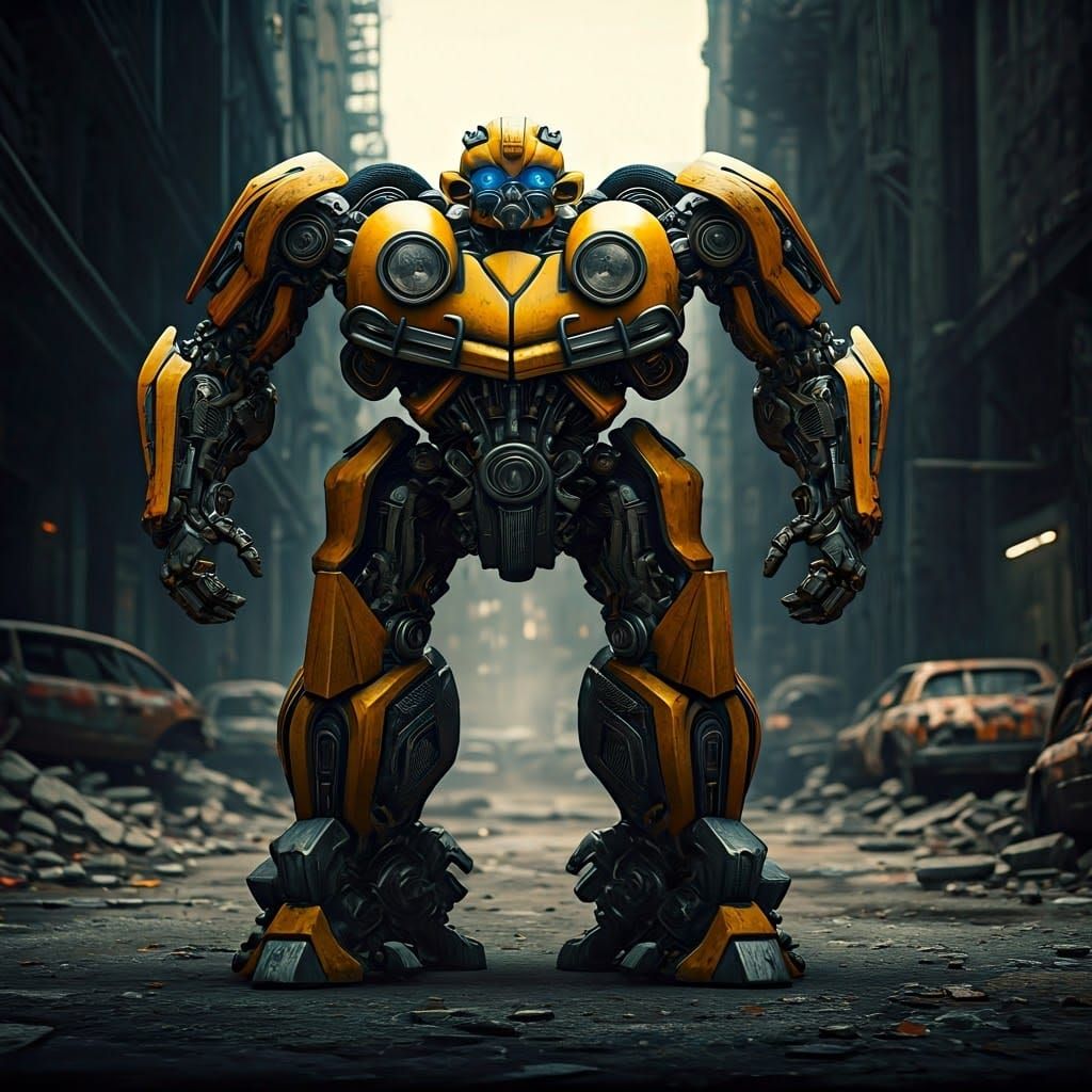 Bumblebee Robot Hero in Dystopian Cityscape