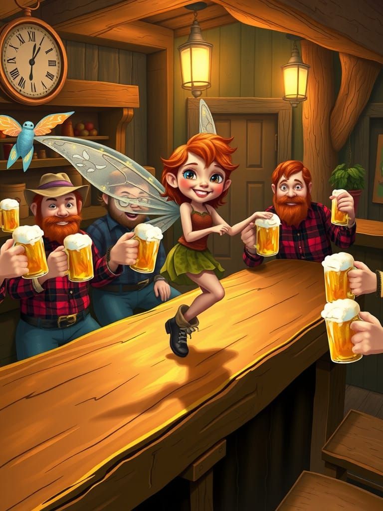 Mischievous Fairy Dances with Lumberjacks in Whimsical Taver...