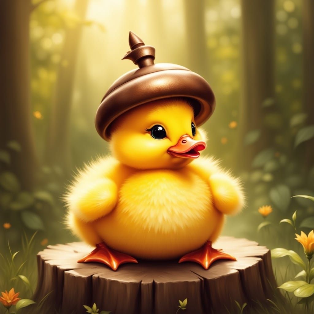 Duckling in Acorn Helmet on Stump
