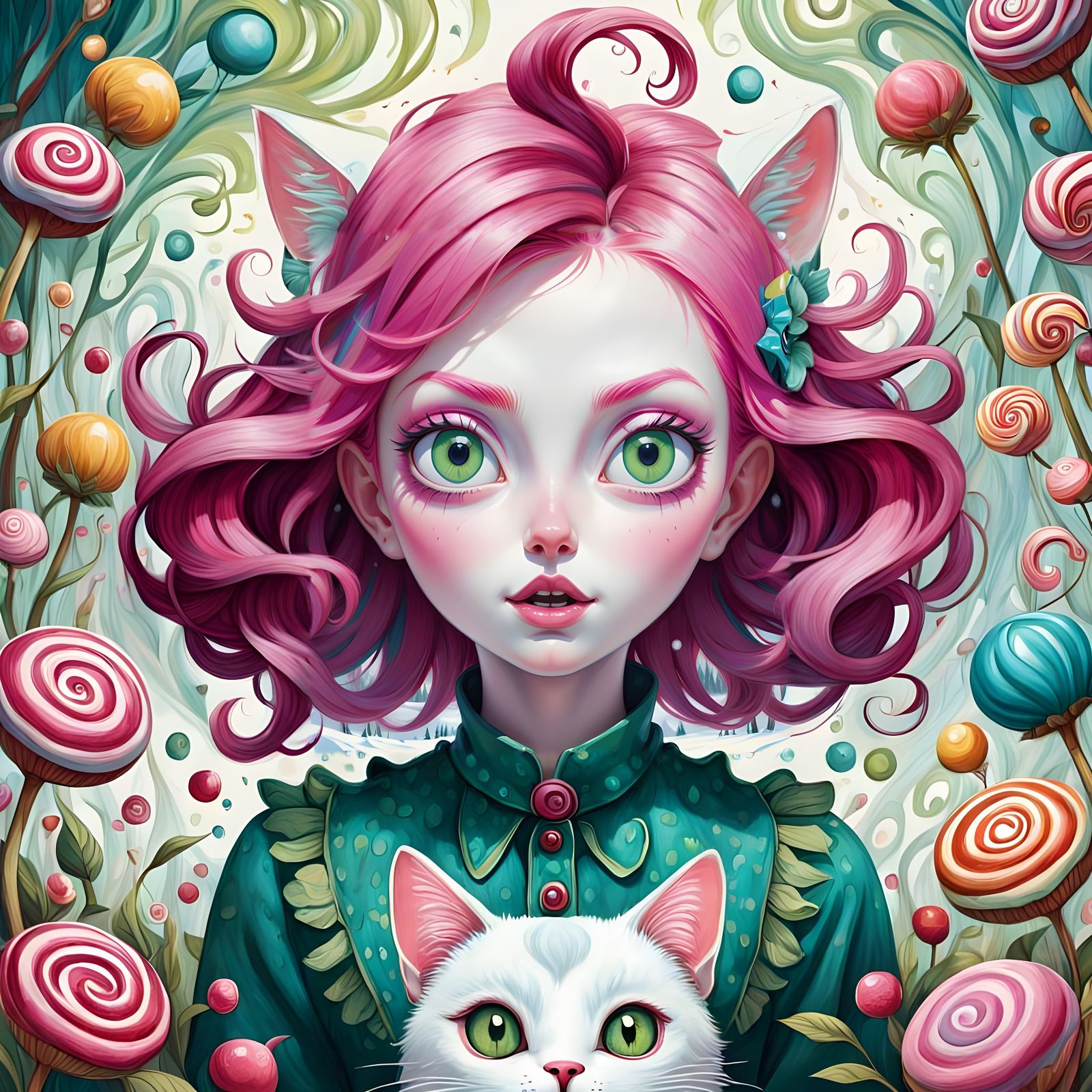 Surrealist Portrait of a Joyful Girl with Bright Pink Hair a...