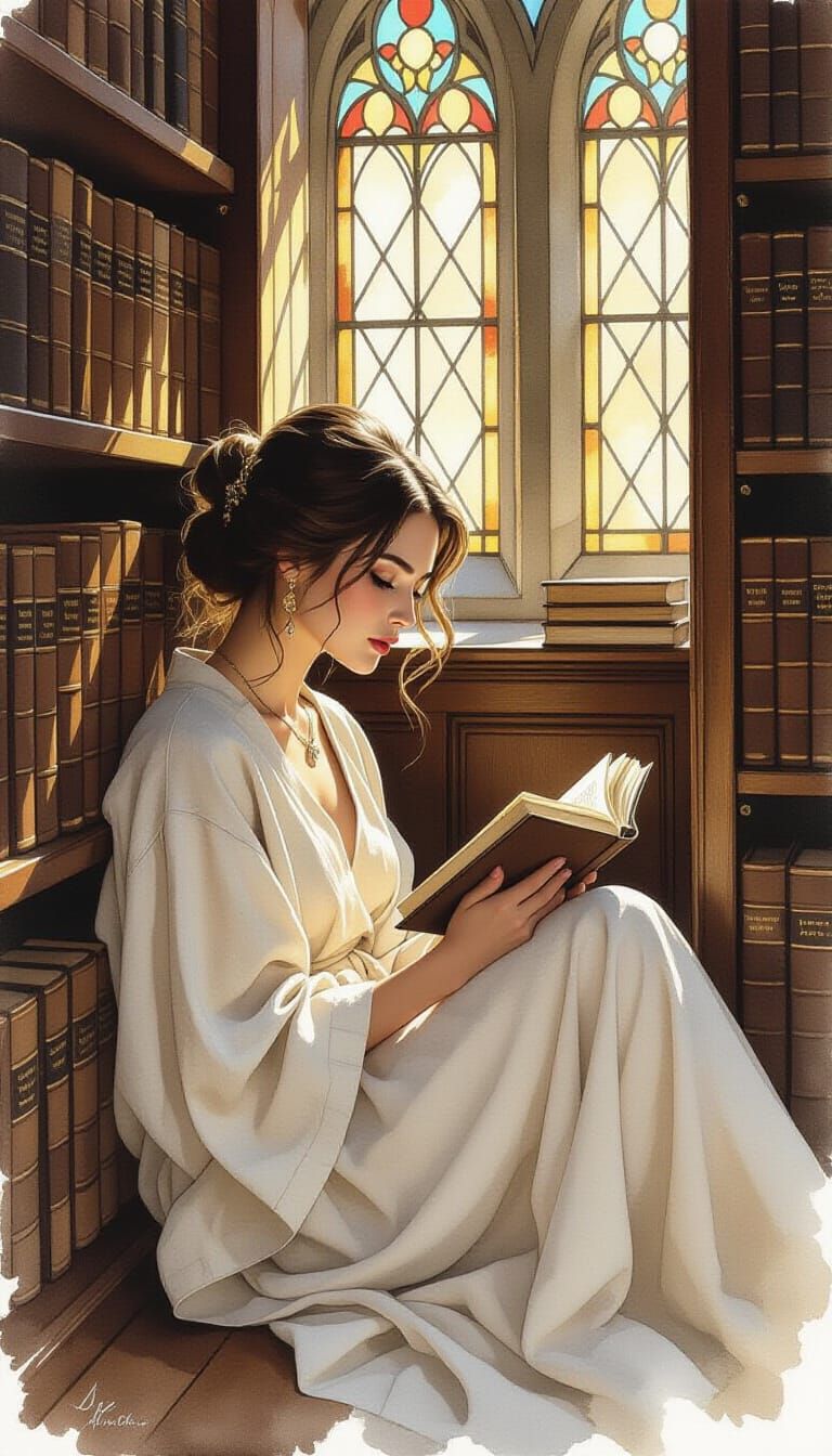 Woman Reading in Old Library: Ink and Watercolor Art