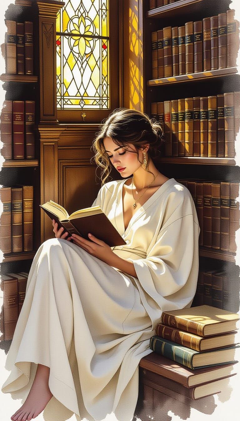 Woman Reading in Old Library, Impressionistic Style