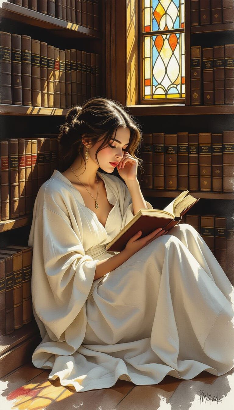Woman Reading in Old Library as Impressionist Painting