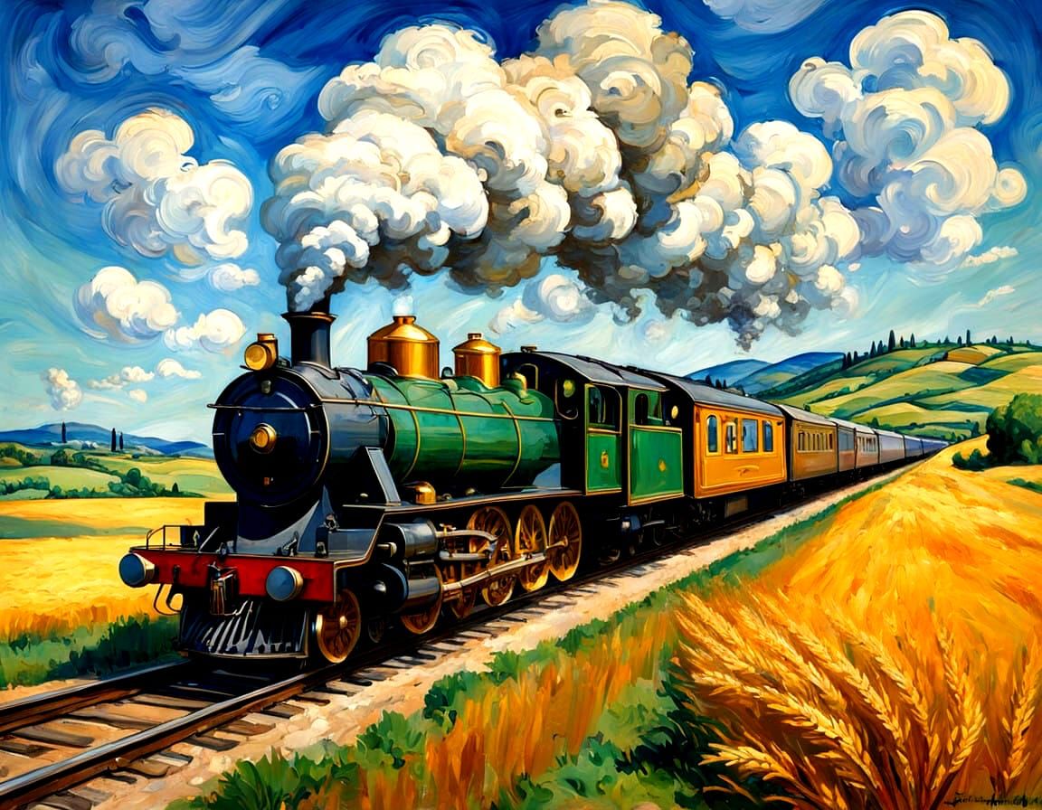 Vibrant Steam Train Chugs Through Golden Countryside