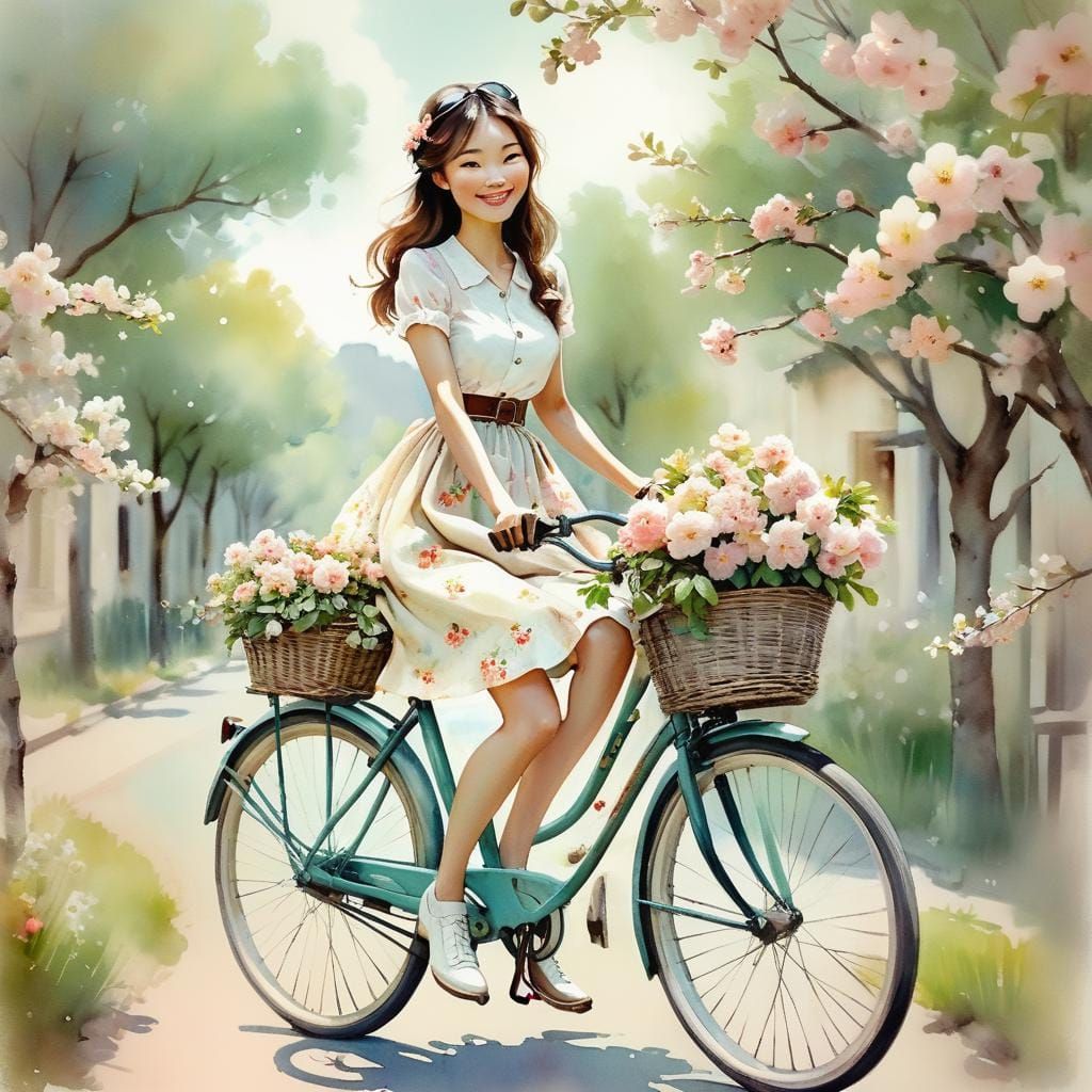 Girl on Flower Bicycle: Whimsical Watercolor Artwork