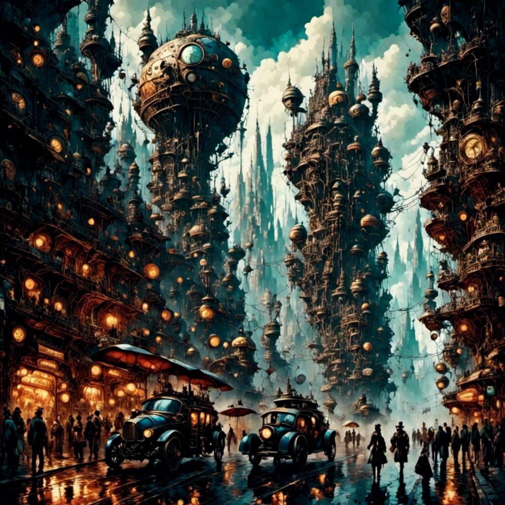 futuristic steampunk cityscape with a post apocalyptic dysto...