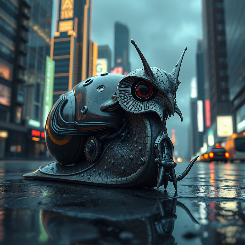 Owl-Headed Snail in Dystopian Cityscape