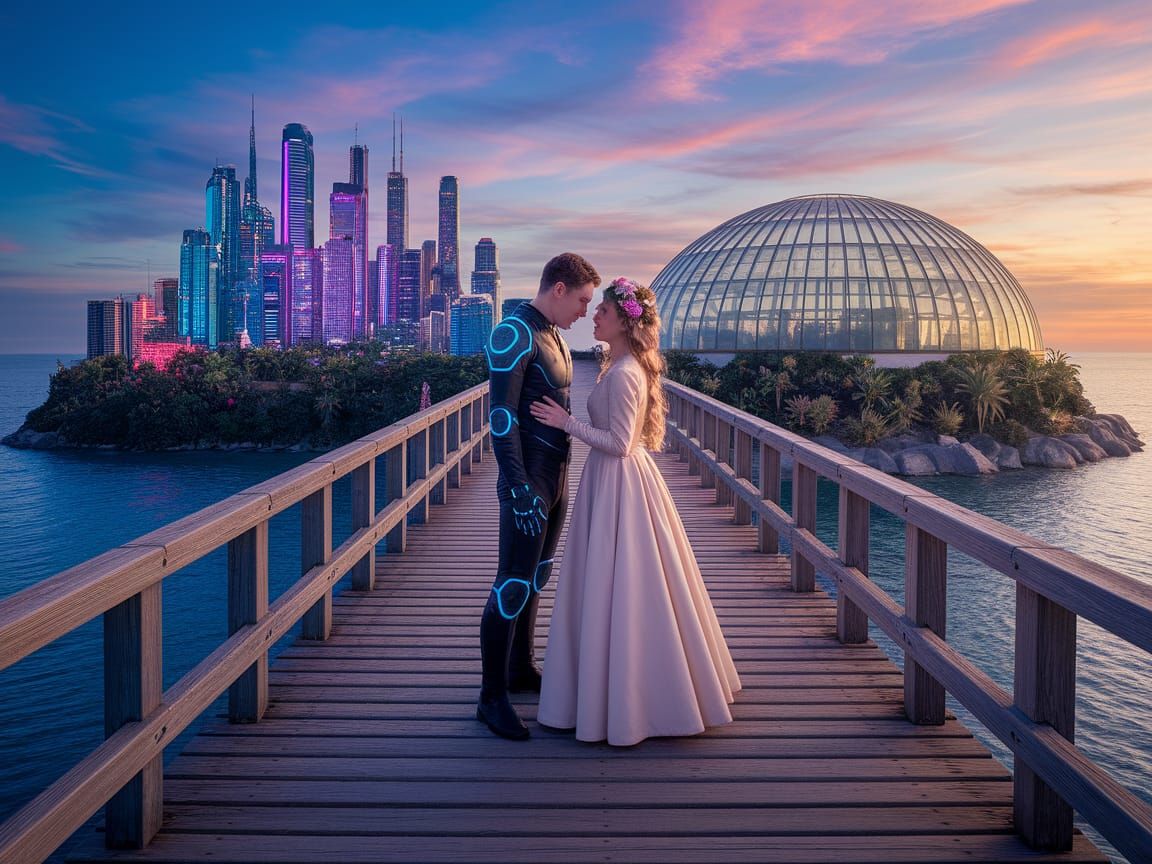 Cyberpunk City Meets Botanical Paradise with Ancient Wooden ...