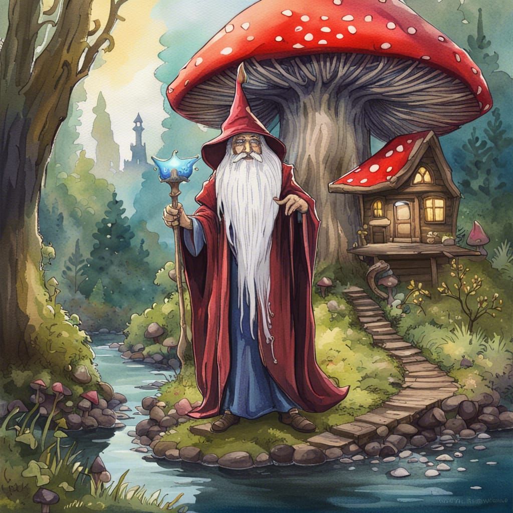 Watercolor Wizard in Cottagecore Garden Fairytale
