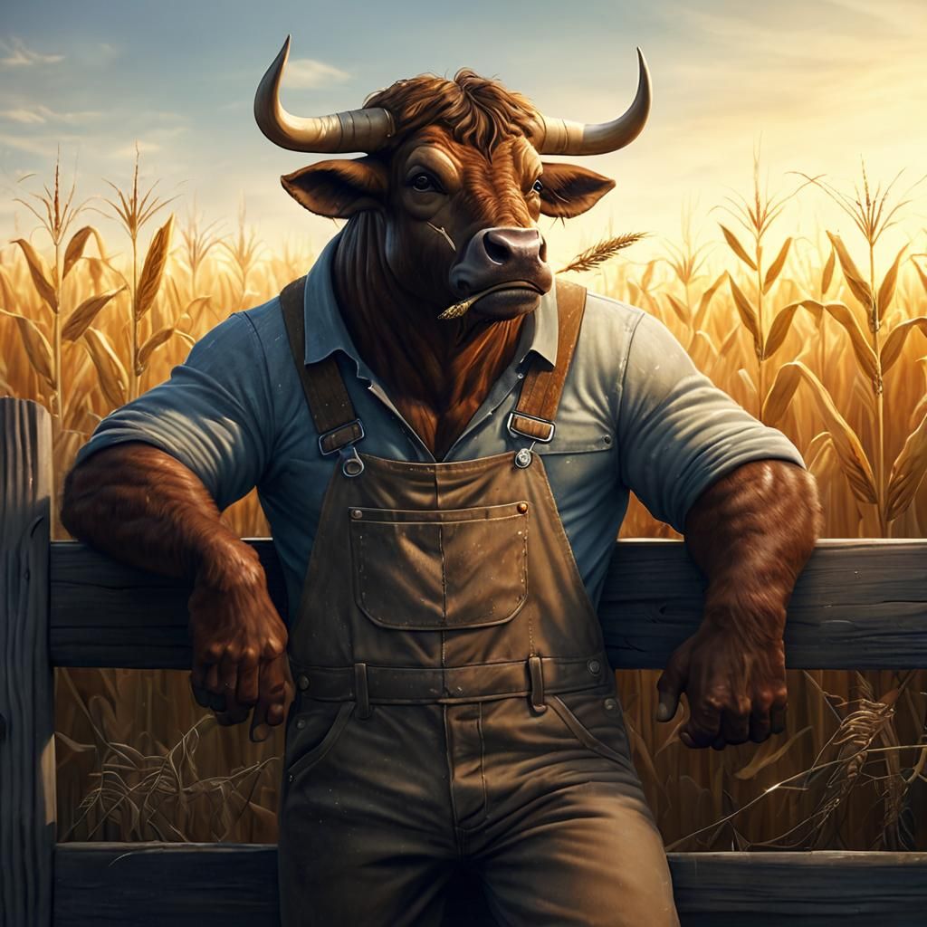 Minotaur Farmer in Cornfield, Rural Folk Art