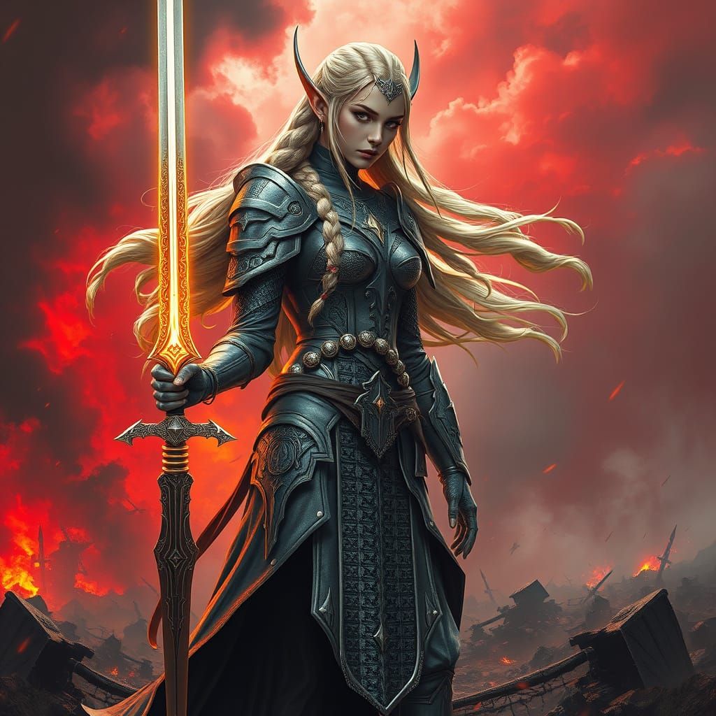 Elven Warrior on Battlefield in Hyper-Realistic Style