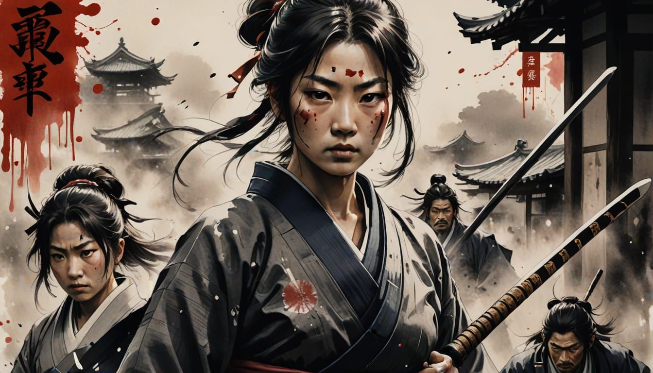 Nakano Takeko Leading Women into Battle as Ink Wash Painting