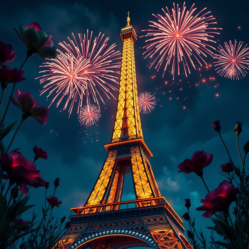 Eiffel Tower Fireworks Portrait in Digital Painting Style