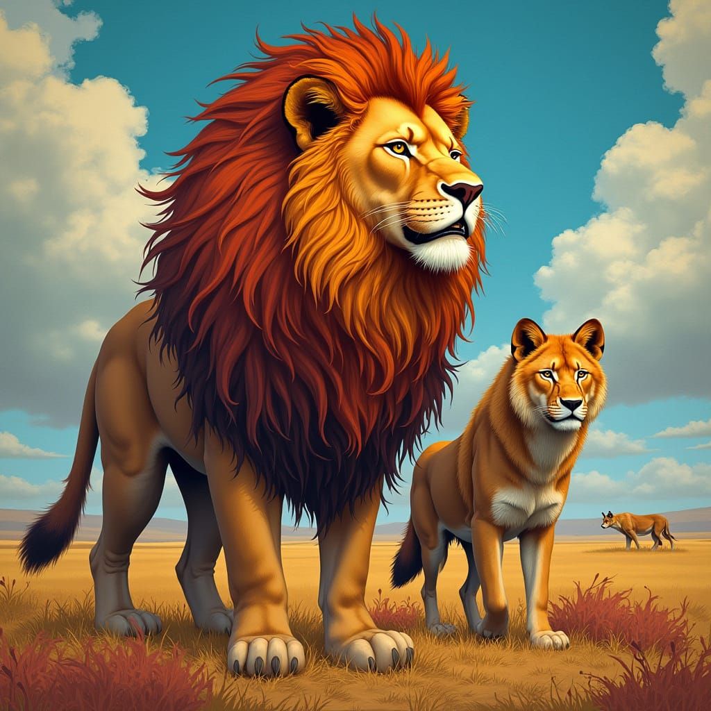 Lion and Wolf in Savannah Landscape