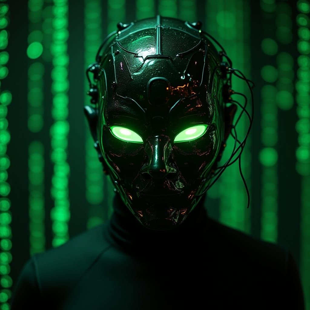 Futuristic LED Mask on Matrix Code Screen