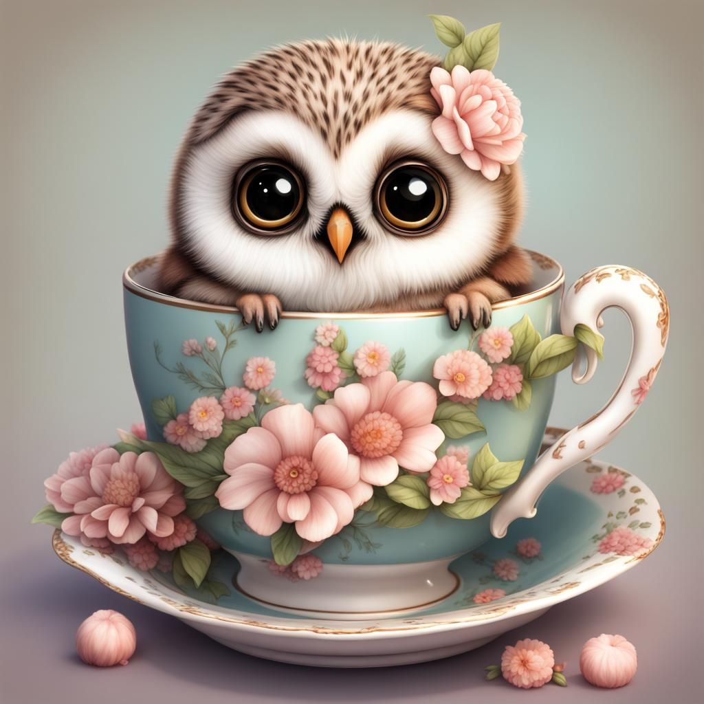 Chubby Chibi Baby Owl in Floral Teacup