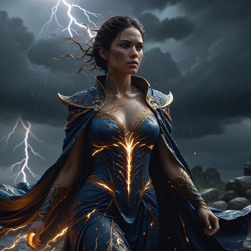 Ethereal Female Figure in Turbulent Stormy Landscape, Digita...