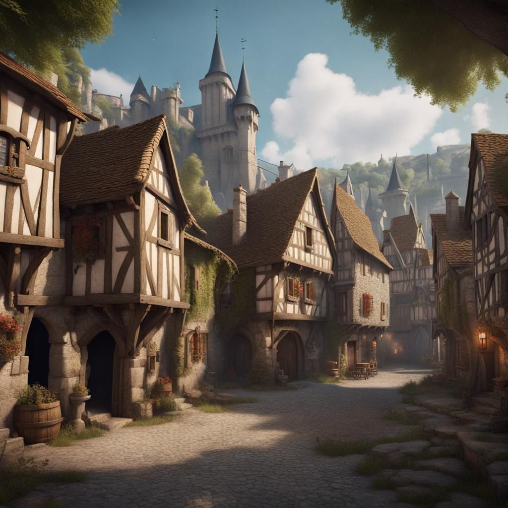 Fantastical Medieval French Village in Matte Painting Style