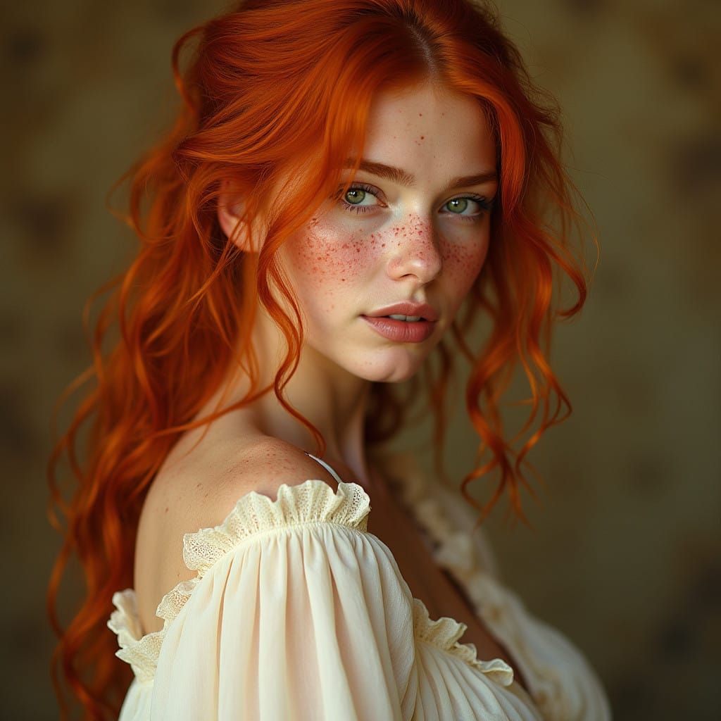 Enchanting Pre-Raphaelite Woman Basks in Warm Golden Light