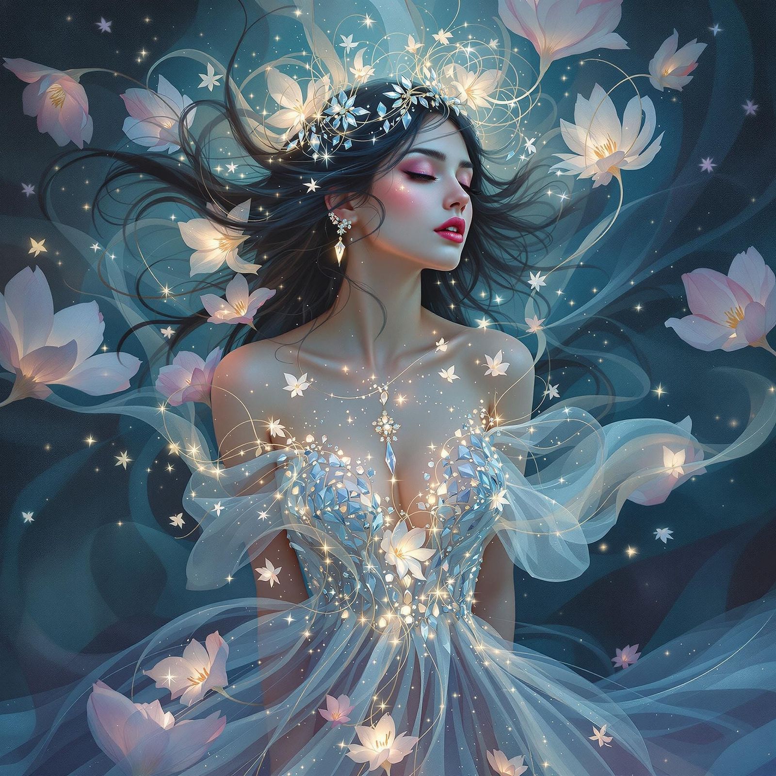 Ethereal Goddess in Crystal Gown with Swirling Petals